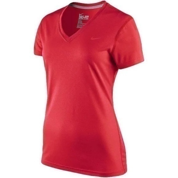 Nike Dri Fit Womens Medium Coral Orange Short Sleeve Athletic Gym V Neck Shirt - Picture 1 of 6